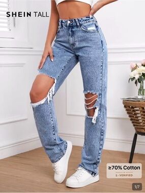 SHEIN Light Blue Ripped High-Waist Straight Leg Jeans TALL